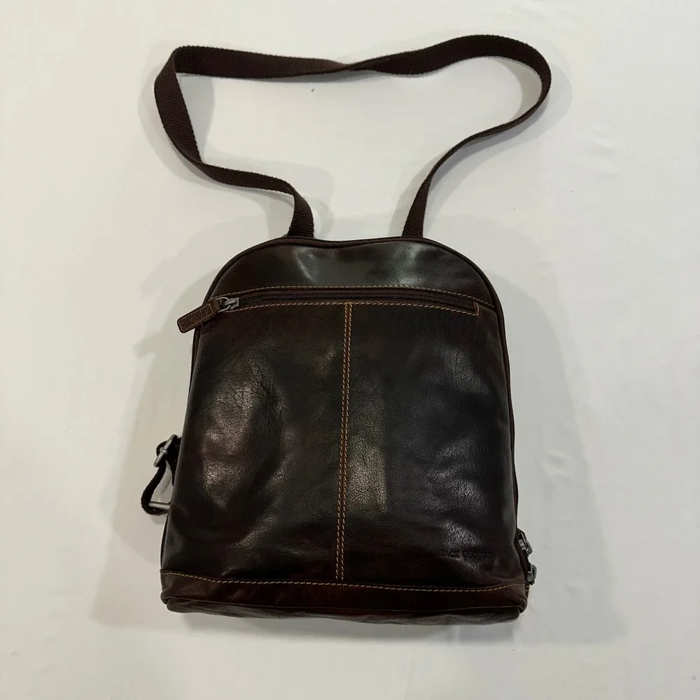 Jack Georges Leather Sling Backpack Mens Womens Brown Multi-Pocket Professional